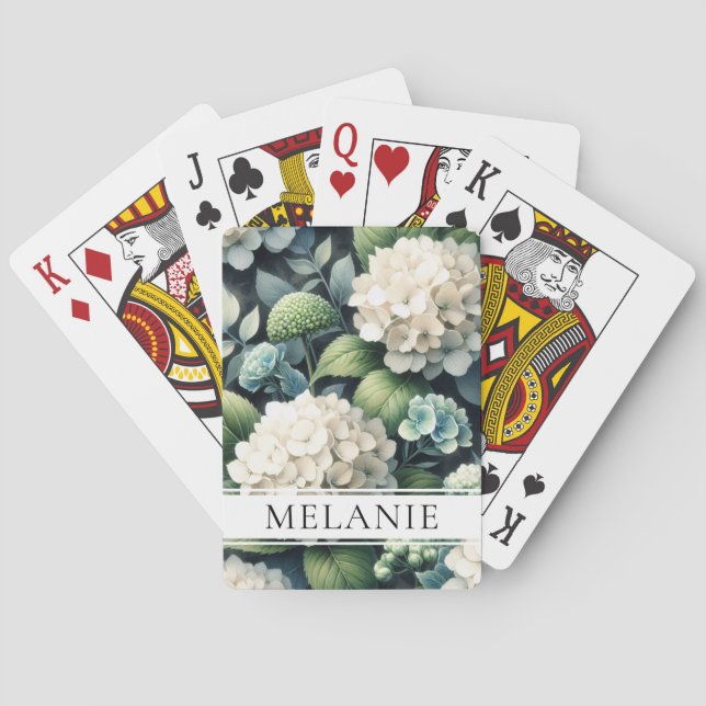 White Hydrangea Botanical Custom Name Poker Cards (Back)