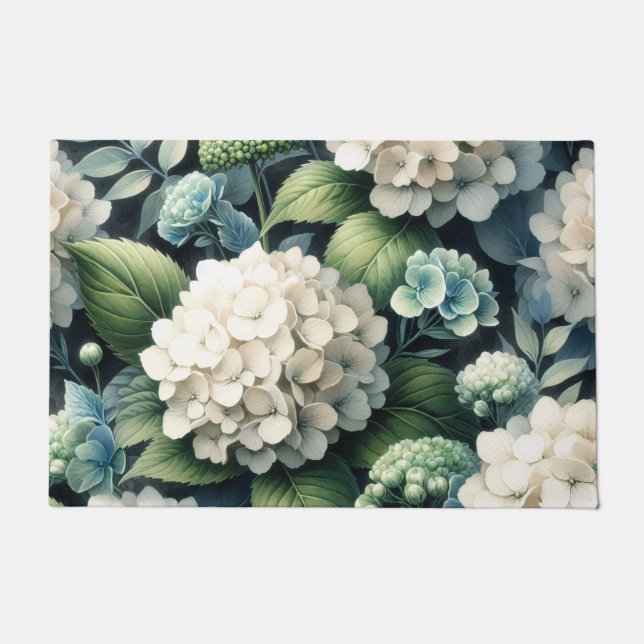 White Hydrangea Botanical Painting Doormat (Front)