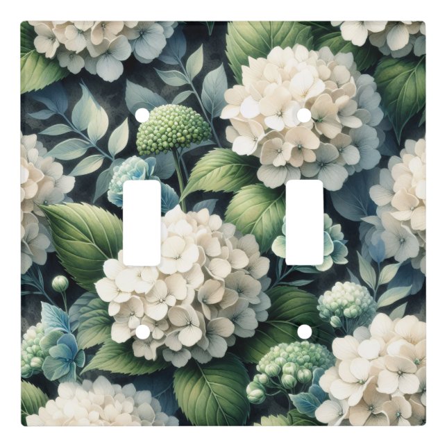 White Hydrangea Botanical Painting Double Light Switch Cover (Front)