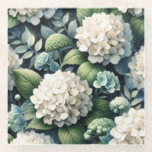 White Hydrangea Botanical Painting Glass Coaster