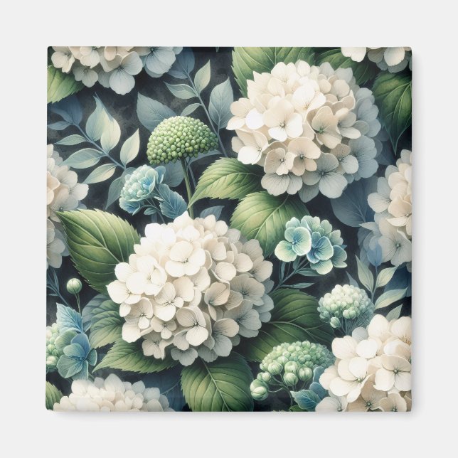 White Hydrangea Botanical Painting Magnet (Front)