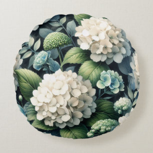 White Hydrangea Botanical Painting Round Pillow