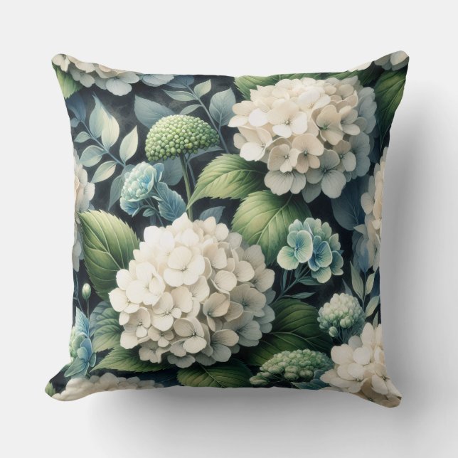 White Hydrangea Botanical Painting Throw Pillow (Front)
