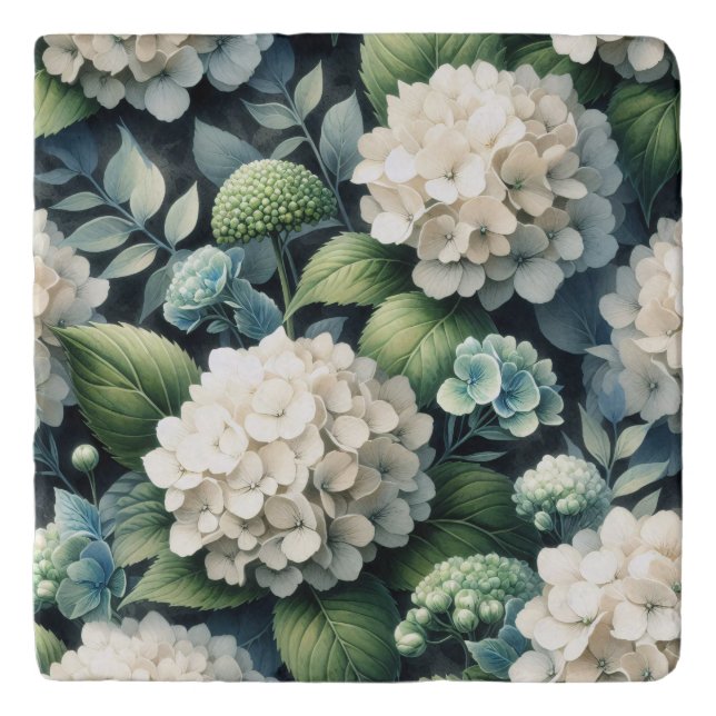 White Hydrangea Botanical Painting Trivet (Front)