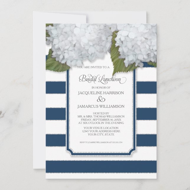 White Hydrangea Bridal Luncheon Navy Blue Stripe Invitation (Front)
