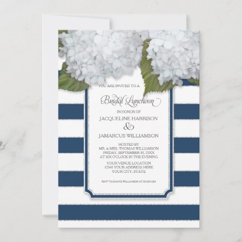 White Hydrangea Bridal Luncheon Navy Blue Stripe Invitation