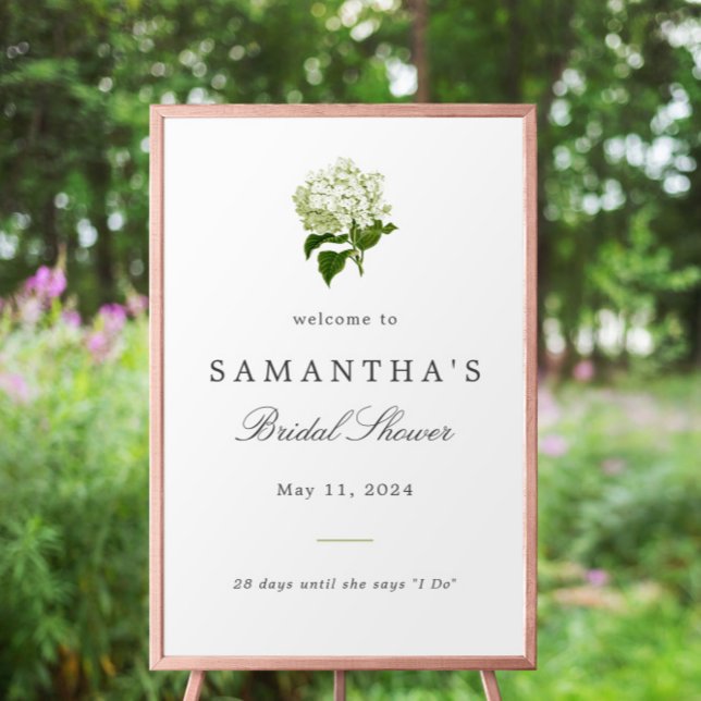 White Hydrangea Bridal Shower Welcome Sign (simple and chic modern green hydrangea bridal shower welcome sign with bride's name and event date)