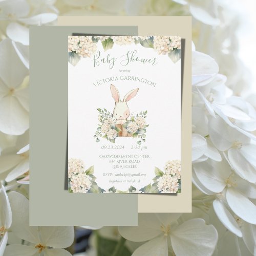 White Hydrangea Bunny Rabbit Baby Shower Invitation