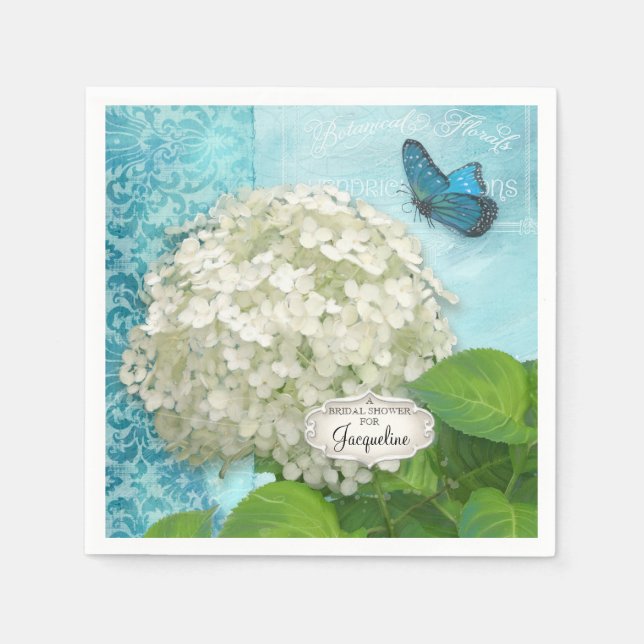 White Hydrangea Butterfly Damask Bridal Shower Napkins (Front)