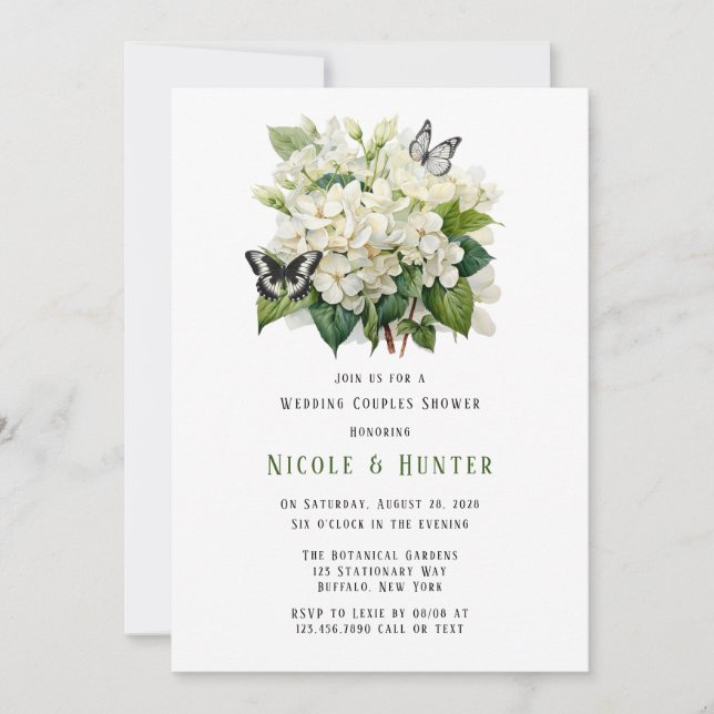 White Hydrangea Butterfly Wedding Couples Shower Invitation (Front)