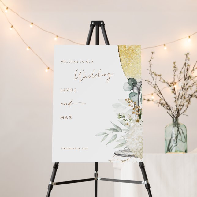 White Hydrangea Champagne Wedding Welcome Foam Board (In Situ (Stand))