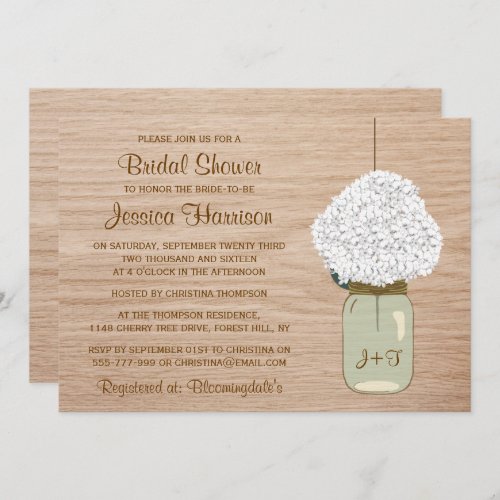 White Hydrangea  Country Mason Jar Bridal Shower Invitation