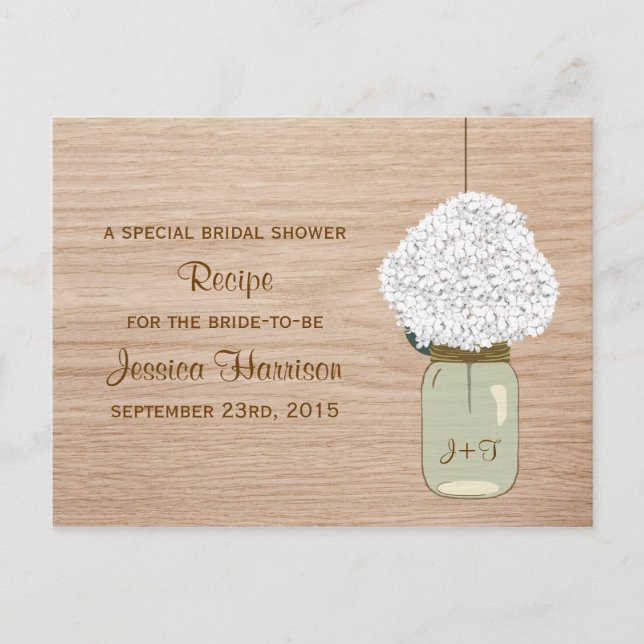 White Hydrangea & Country Mason Jar Bridal Shower Invitation Postcard (Front)