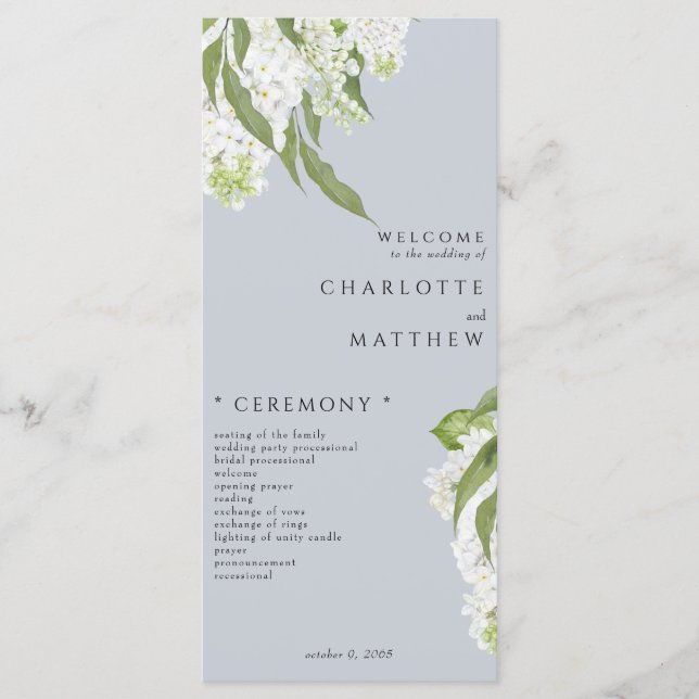 White Hydrangea Dusty Blue Wedding Program (Front)