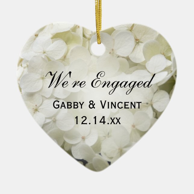 White Hydrangea Engagement Ceramic Ornament (Front)