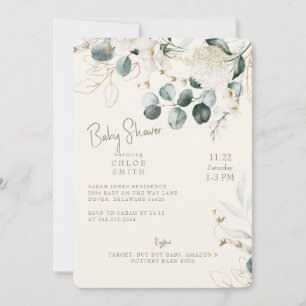White Hydrangea Eucalyptus Cream Baby Shower Invitation