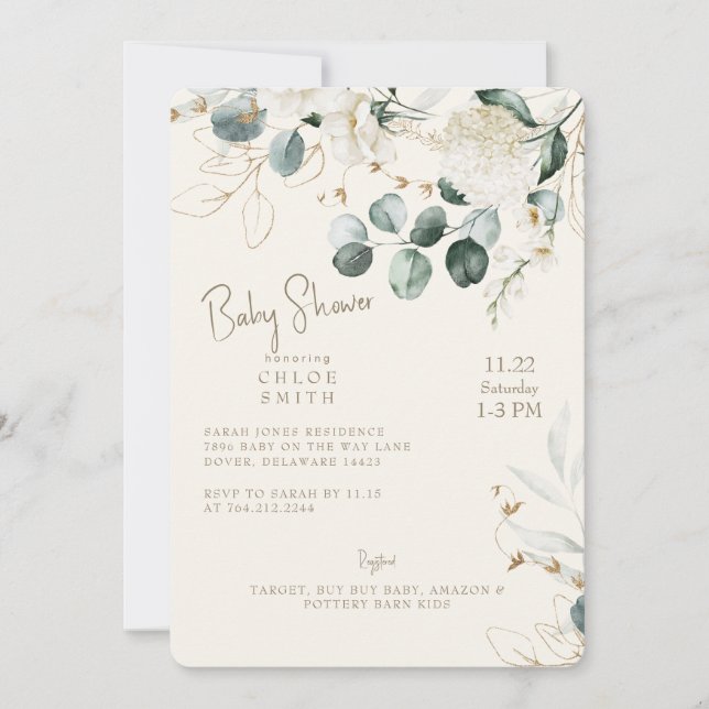 White Hydrangea Eucalyptus Cream Baby Shower Invitation (Front)