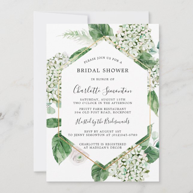White Hydrangea Floral Botanical Bridal Shower Invitation (Front)