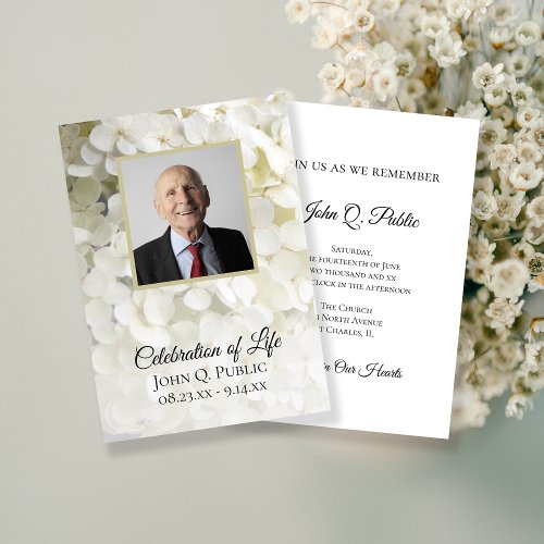 White Hydrangea Floral Celebration of Life Funeral Invitation