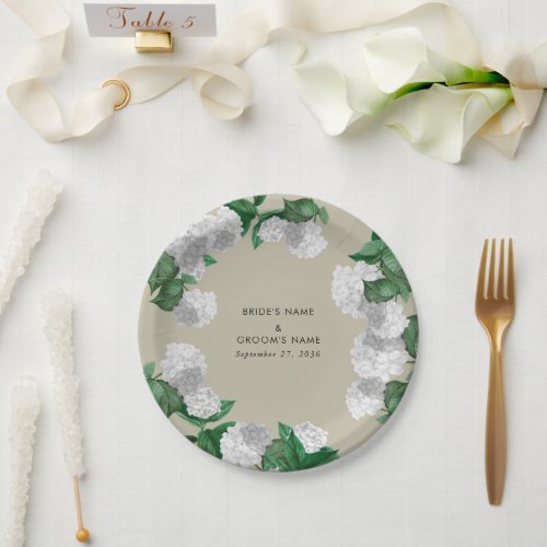 White Hydrangea Floral Greenery Modern Wedding Paper Plates