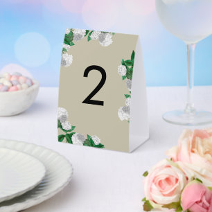 White Hydrangea Floral Greenery Modern Wedding Paper Table Tent