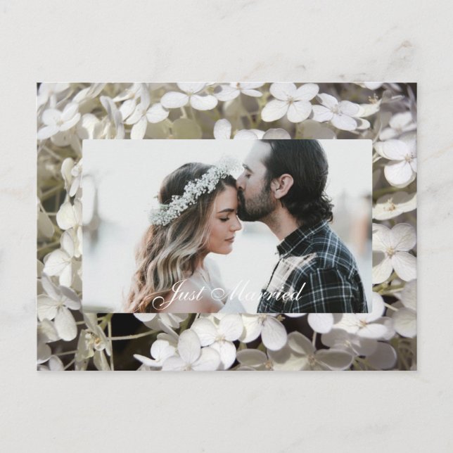 White Hydrangea Floral Just Married Photo Announcement Postcard (Front)