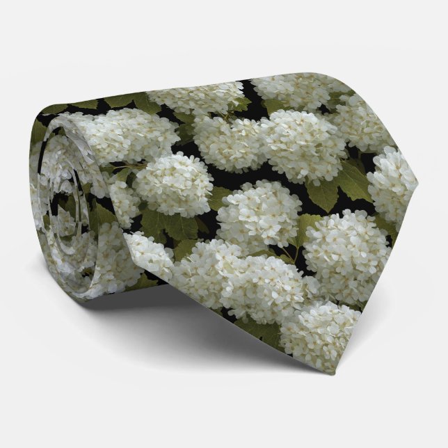 White Hydrangea Floral Pattern on Black Neck Tie (Rolled)