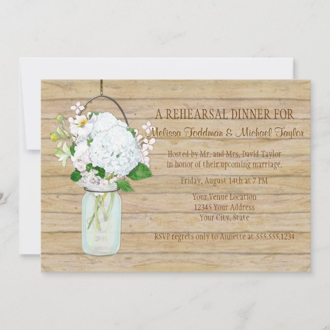 White Hydrangea Floral Rustic Mason Jar Flowers  Invitation (Front)