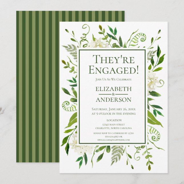 White Hydrangea Floral Watercolor Engagement Party Invitation (Front/Back)