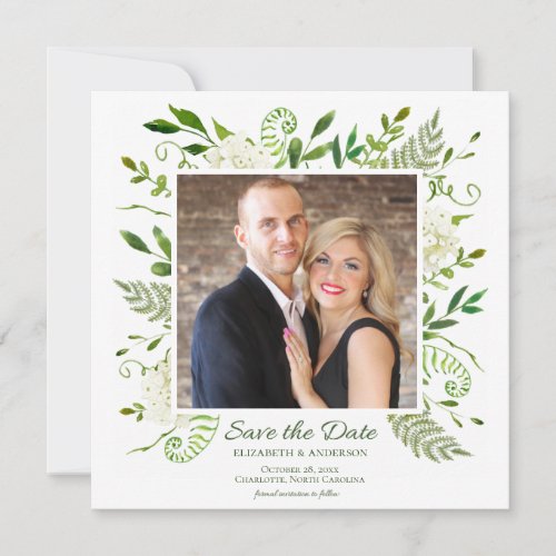 White Hydrangea Floral Watercolor Photo Wedding Save The Date