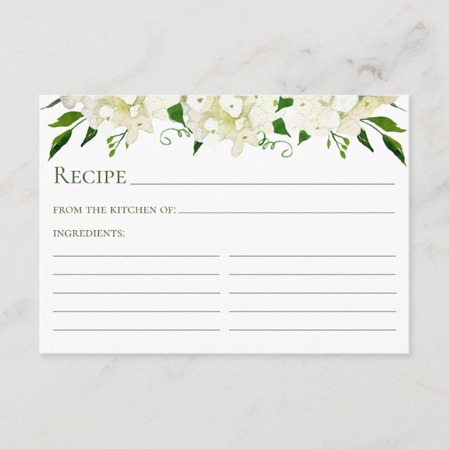 White Hydrangea Floral Watercolor Recipe Card (Front)