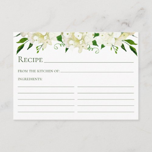 White Hydrangea Floral Watercolor Recipe Card