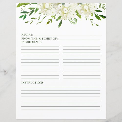 White Hydrangea Floral Watercolor Recipe Page