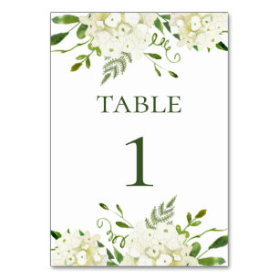 White Hydrangea Floral Watercolor Table Number