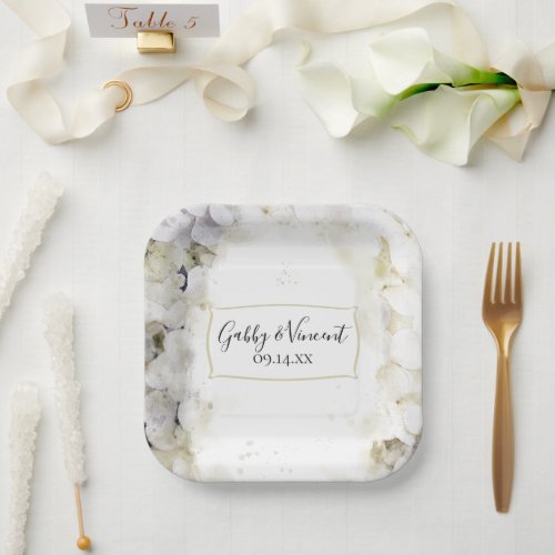 White Hydrangea Floral Watercolor Wedding Paper Plates
