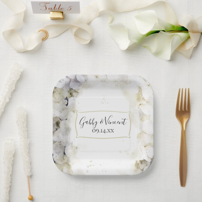 White Hydrangea Floral Watercolor Wedding Paper Plates (Wedding)