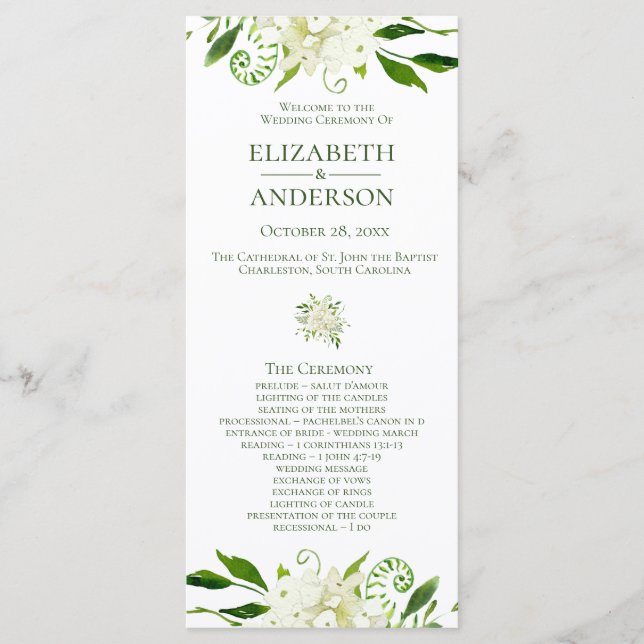 White Hydrangea Floral Watercolor Wedding Program (Front)
