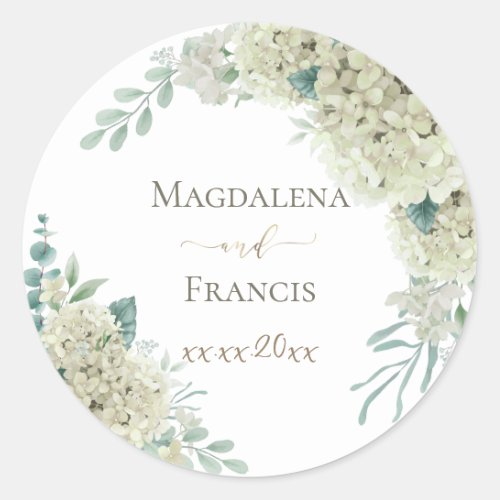 white Hydrangea floral wedding Classic Round Sticker