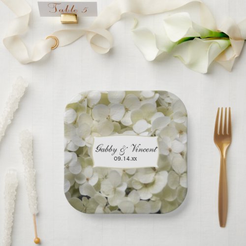 White Hydrangea Floral Wedding Paper Plates