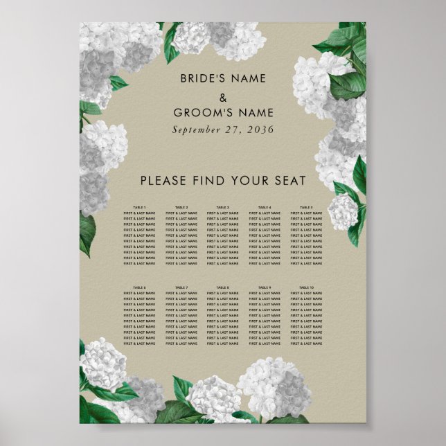 White Hydrangea Floral Wedding Seating Chart (Front)