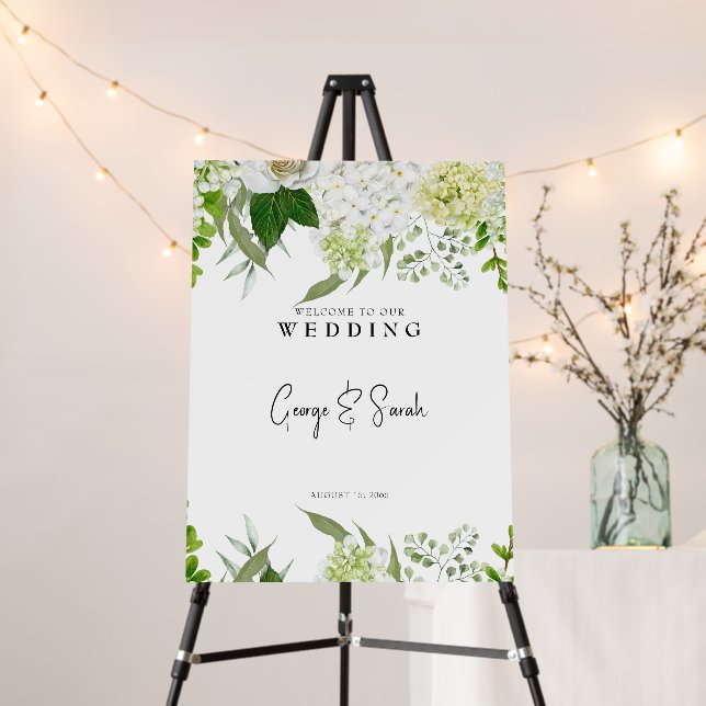 White Hydrangea Floral White Wedding Welcome Sign (In Situ (Stand))