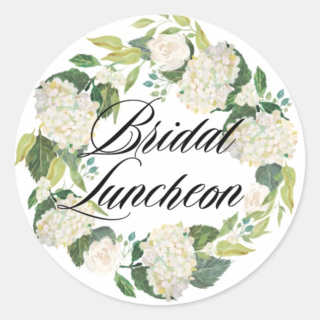 White Hydrangea Floral Wreath Bridal Luncheon Classic Round Sticker (Front)