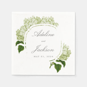 White Hydrangea Flower Names and Wedding Date Napkins