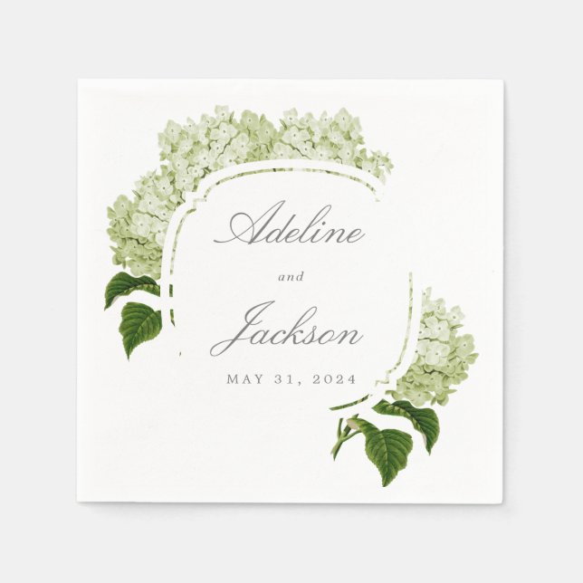 White Hydrangea Flower Names and Wedding Date Napkins (Front)