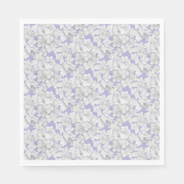White Hydrangea Flower Petals On Purple Napkins (Front)