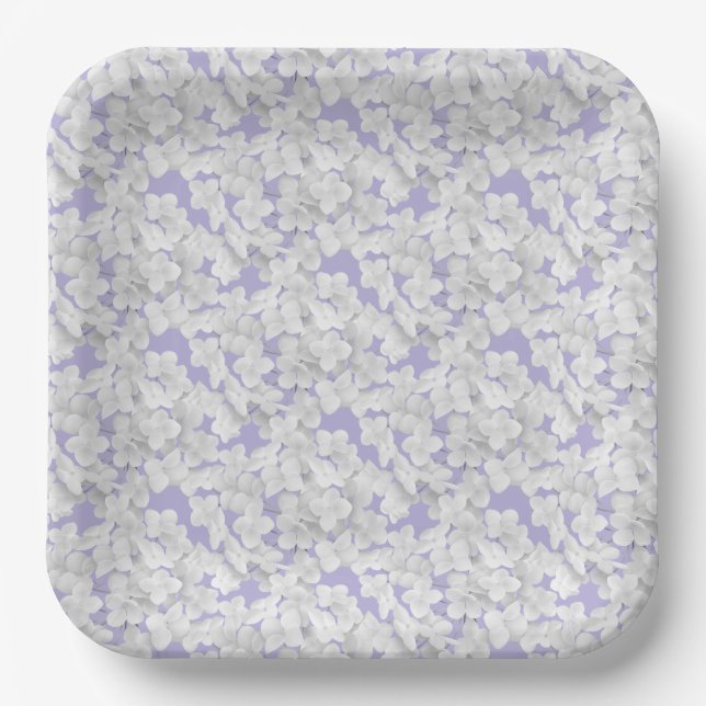 White Hydrangea Flower Petals On Purple Paper Plates (Front)