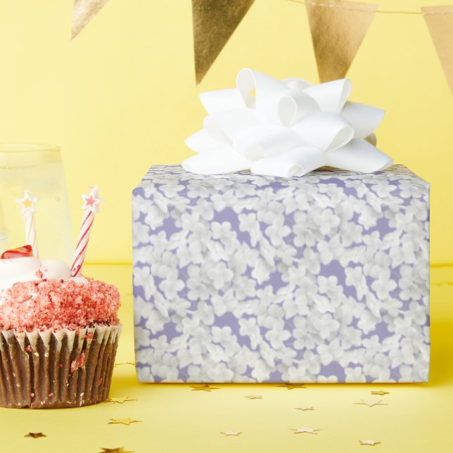 White Hydrangea Flower Petals On Purple Wrapping Paper (Birthday Party)