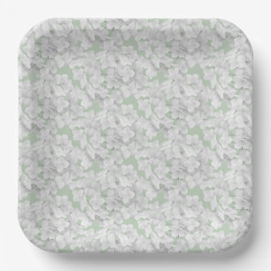 White Hydrangea Flower Petals On Sage Paper Plates