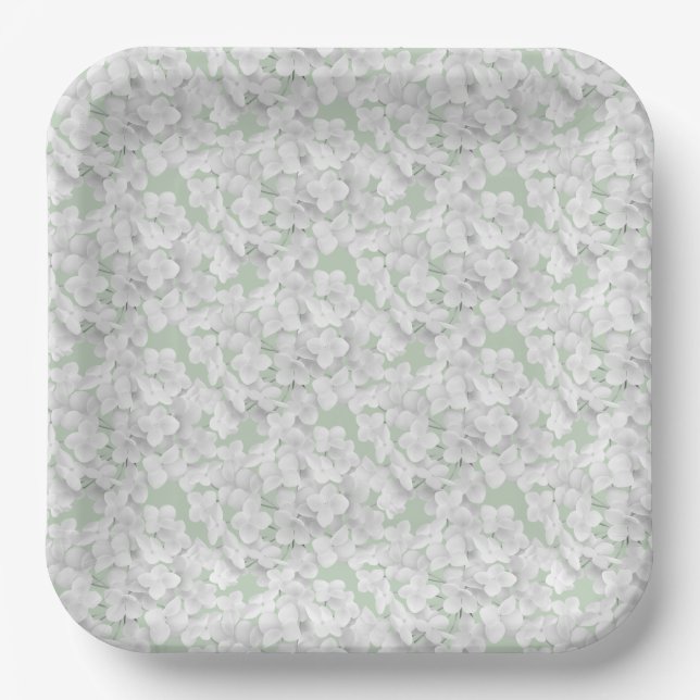 White Hydrangea Flower Petals On Sage Paper Plates (Front)