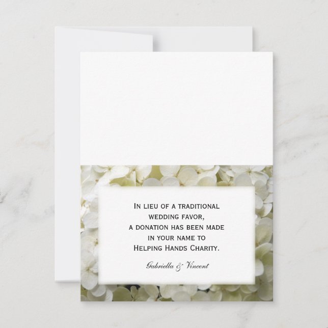 White Hydrangea Flower Wedding Charity Favor Cards (Front)